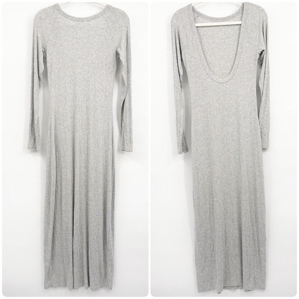 Aerie Womens Grey Ribbed Long Sleeve Low Back Bodycon Lounge Maxi Dress Size M - Picture 2 of 9